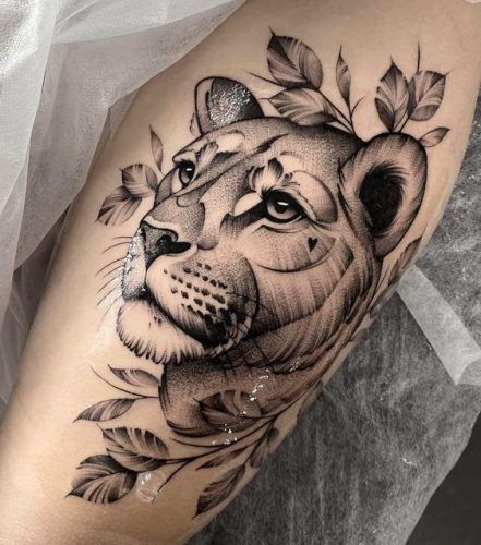 Lion Tattoo for Women: 20 Graceful and Empowering Designs - besttattoo.wiki - Unveiling Exquisite Ink Art Lion Tattoo For Women, Lioness And Cub Tattoo, Lion And Lioness Tattoo, Lion Tattoo On Thigh, Lioness Tattoo Design, Female Lion Tattoo, Lioness Tattoo, Lion Head Tattoos, Tato Lengan