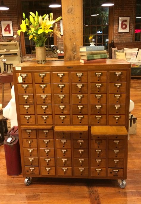 cardcat Antique File Cabinet, Literature Organizer, Library Card Catalog, Industrial Chic Decor, Fantasy Furniture, Glass Cross, Apothecary Cabinet, Yellow Chair, Card Catalog