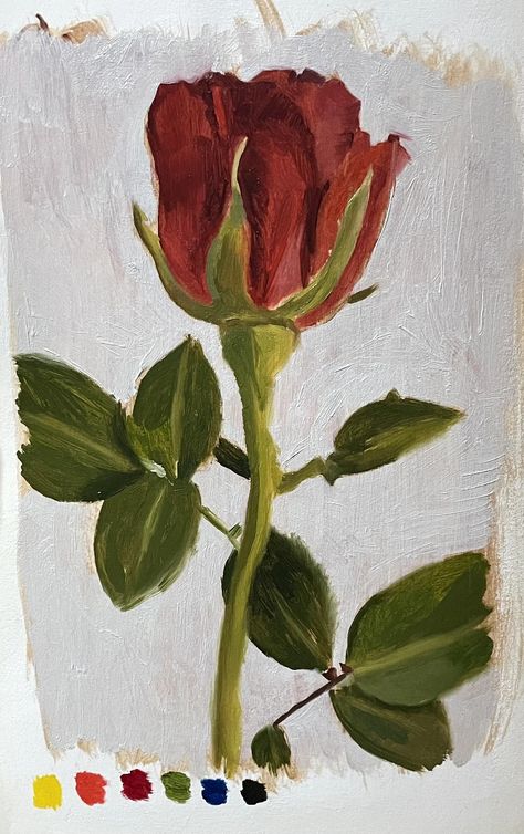 Red rose flower on a grey background oil sketch painting in a sketchbook with colour swatches at the bottom. Pretty Easy Paintings Simple, Oil Pastels Reference, Oil Painting Drawings For Beginners, Realistic Painting For Beginners, Acrylic Painting Sketch, Oil Painting Easy Ideas, Rose Oil Pastel Drawing, Rose Easy Painting, Easy Painting Inspo Aesthetic