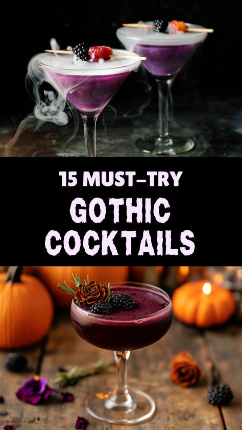 Gothic Cocktails Witchy Gin Cocktails, Halloween Moscow Mule Recipe, Phantom Of The Opera Themed Cocktails, Vampire Themed Cocktails, Halloween Inspired Alcoholic Drinks, Dark Mocktails, Cool Looking Cocktails, Coraline Themed Drinks, Fantasy Themed Cocktails