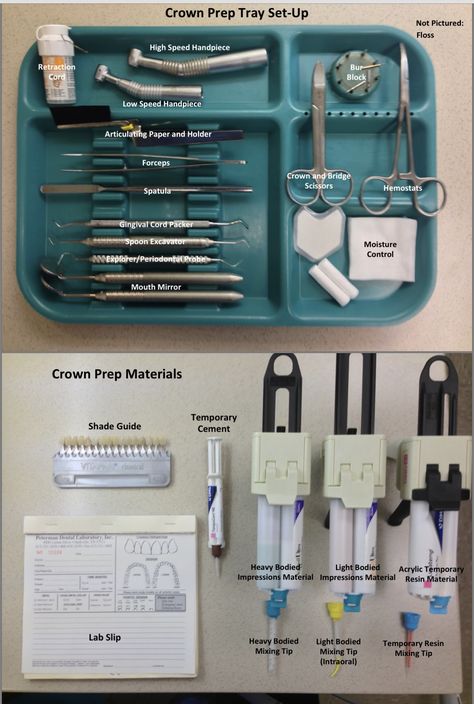 🔶Crown prep tray          🔸If a build up is needed you will then to get bond, composite and the curing light. Dental Assistant Study Guide, Dental Assistant School, Dental Hygienist School, Dental Assistant Study, Dentist Assistant, Dental Hygiene Student, Dental World, Dental Assistant Gifts, Kedokteran Gigi