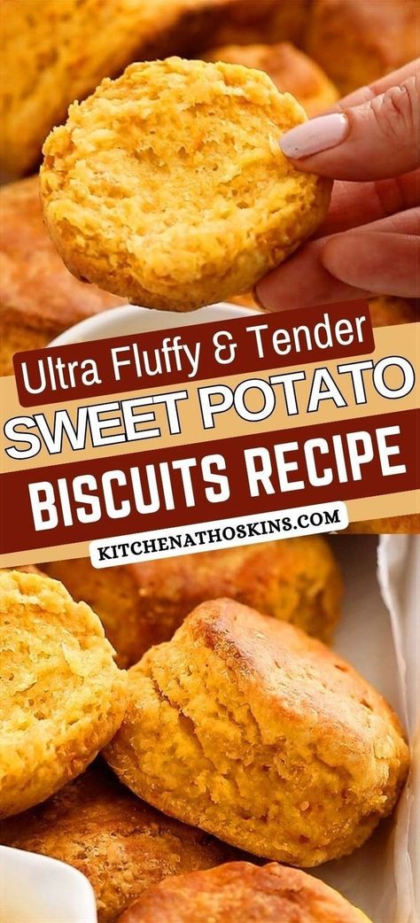 Learn how to make the best sweet potato biscuits recipe that's fluffy, easy, made using no buttermilk and makes a tasty side dish for Thanksgiving dinner. This easy sweet potato recipe is made using oven roasted or air fried sweet potatoes. Sweet Potato Biscuits Recipe, Potato Biscuits Recipe, Rv Food, Potato Biscuits, Best Sweet Potato, Sweet Potato Biscuits, Biscuit Bread, Biscuits Recipe, Homemade Biscuits