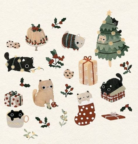 New Year Stickers, Instagram Christmas, Bullet Journal Art, Christmas Drawing, Meow Meow, Christmas Postcard, Christmas Illustration, Art Journal Inspiration, Christmas Prints