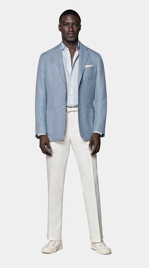 Light Blue Tailored Fit Havana Blazer in Wool Silk Linen Cashmere | SUITSUPPLY United Kingdom Light Blue Blazer Street Style, Light Blue Linen Suit Men, Blue Blazer White Pants Men, Light Blue Blazer Outfit Men, Graduation Outfit Men, Linen Pants Outfit Men, Men Linen Suit, Linen Blazer Men, Blue Blazer Outfit Men