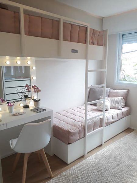 2girls Bedroom Ideas, Small Sharing Bedroom Ideas, Bedroom Layout 2 Beds, Bedroom Ideas For Small Rooms Bunk Beds, Small Bedroom With Bunk Bed, 2 Kids Small Bedroom Ideas, Bunk Bed Designs Small Bedrooms, 2 Beds In One Room Ideas, Bunk Bed Ideas For Small Rooms