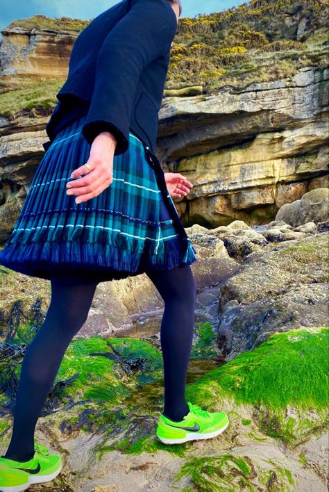 Tartan kilt on lady walking on beach with Nike trainers Modern Kilts, Men Wearing Skirts, Modern Skirt, Men In Kilts, Kilt, Scotland, Bespoke, Tights, Textiles