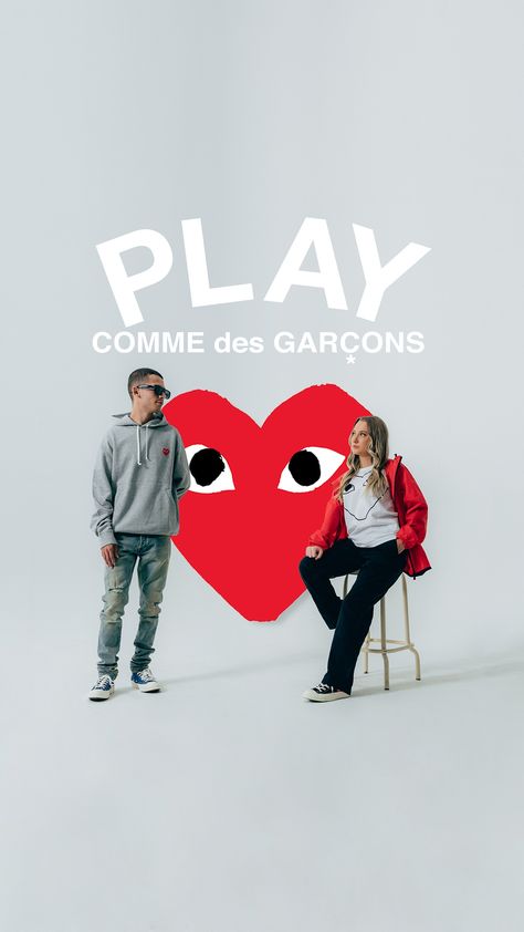 COMME DES GARÇONS PLAY ❤️ Styles for the whole family are available now at all retail locations + online. Shop Now: https://feature.com/pages/explore-comme-des-garcons-play Cdg Play Wallpaper, Comme Des Garcons Advertising, Come Des Garcons, Vintage Comme Des Garcons Ads, Commes Des Garcons, Cdg Play, Comme Des Garcons Amazingreen, Black Blanket, Play Comme Des Garcons