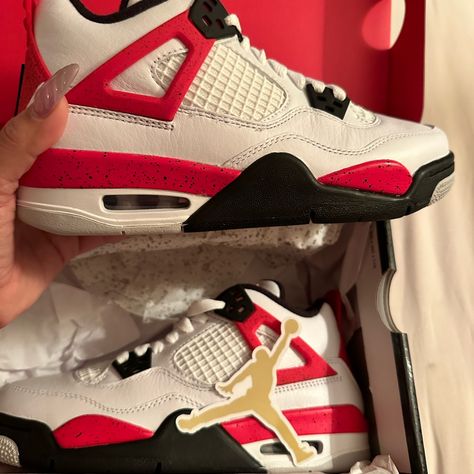 Brand New Never Worn Air Jordan 4 Retro Big Kids' Shoes Size: 4.5y White/ Fired Red-Black. Ordered From Nike Website. I Am A 5.5 Womens And These Fit Perfect Jordan Shoes Retro Red, Red Retro Jordans, Air Jordan 4 Retro Fire Red, White And Red Jordan 4’s, Red White Black Jordans, Pink Running Shoes, Preppy Shoes, Jordan Shoes Retro, Pink Nikes