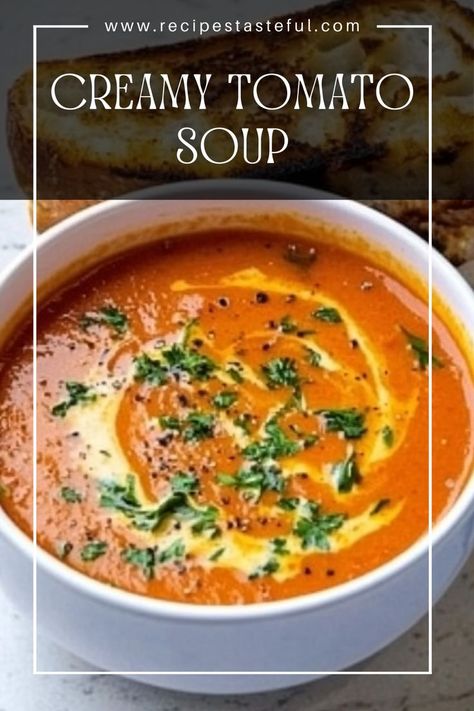 This Creamy Tomato Soup is the perfect comfort food, paired with a classic Grilled Cheese Sandwich. Easy to make and incredibly satisfying, this duo is ideal for cozy meals or any time you're craving something warm and delicious. Grilled Cheese And Tomato Bisque, Soups With Grilled Cheese, Grilled Cheese And Tomato Soup Recipe, Cream Of Tomato Soup Recipe, Tomato Soup With Cream Cheese, Tomato Soup With Grilled Cheese, Grilled Cheese Recipes Gourmet, Crispy Grilled Cheese, Soup With Grilled Cheese