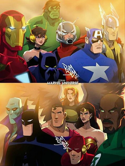 Marvel Dc Crossover Art, Marvel X Dc Crossover, Dc Comics Drawings, Dc And Marvel Crossover Art, Dc Marvel Crossover, Avengers Vs Justice League, Crossover Comic, Dc Vs Marvel, Amalgam Comics