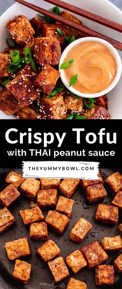 Crispy Tofu With Peanut Sauce, Fried Tofu Meals, Tofu And Peanut Sauce, Tofu Recipes Peanut Sauce, Peanut Tofu Satay, Peanut Tofu Recipes, Pan Fried Tofu Recipes, Fried Tofu Crispy, Tofu Salads