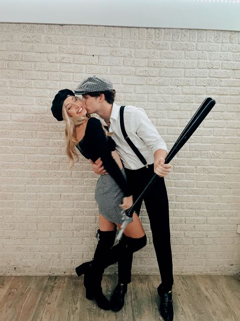 High School Couple Costume, Unique Cute Couple Costumes, Couples Costumes For Blondes, School Couple Halloween Costumes, Villains Couple Costume, Couple Dynamic Duo Ideas, Couple Halloween Costumes Peaky Blinders, 20s Couple Halloween Costumes, Bonnie And Clyde Costume Ideas