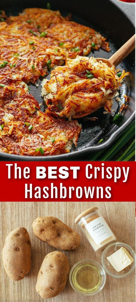 Here’s the secret to making the best crispy Hash Browns – the perfect breakfast side dish. These homemade hash browns pair so well with any bacon, eggs, and just about any breakfast entree. Skillet Hashbrowns, Shredded Hashbrown Recipes, Homemade Breakfast Sausage, Breakfast Sides Dishes, Breakfast Sides, Crispy Hashbrowns, Favorite Breakfast Recipes, Hashbrown Recipes, Best Soup Recipes