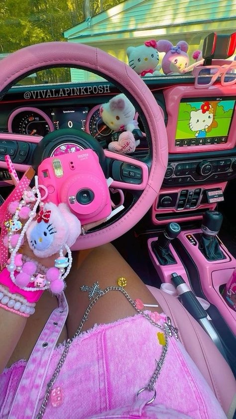 ₊˚ෆ Follow me for more 𐙚 visit my boards ₊˚ෆ Insta Camera, Pink Cars, Pink Car Accessories, Hello Kitty Car, Pink Rims, Pink Jeep, Girly Car Accessories, Hello Kitty Rooms, Pink Wallpaper Girly