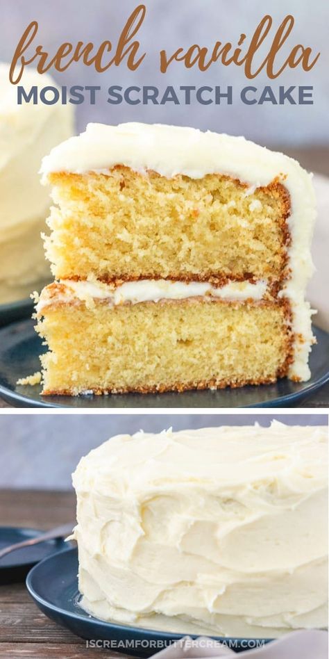 You'll want to make this moist french vanilla cake from scratch every day. Add this fluffy cake to your best cake recipe list because it's sure to be a favorite. This cake is super moist and jam packed with french vanilla flavor, then it's covered in french vanilla buttercream. #frenchvanillacake #vanillacake #cakerecipe Perfect Vanilla Cake Recipe, Vanilla Cake From Scratch, Vanilla Dessert, Perfect Vanilla Cake, Homemade White Cakes, Best Vanilla Cake Recipe, Easy Vanilla Cake, French Vanilla Cake, Easy Vanilla Cake Recipe