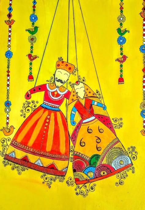 Rajasthani Puppets Painting, Kathputli Drawing, Rajasthani Art Paintings, Warli Painting Ideas On Paper, Rajasthani Puppets, Indian Folk Art Painting, Worli Painting, Rajasthani Painting, Rajasthani Art