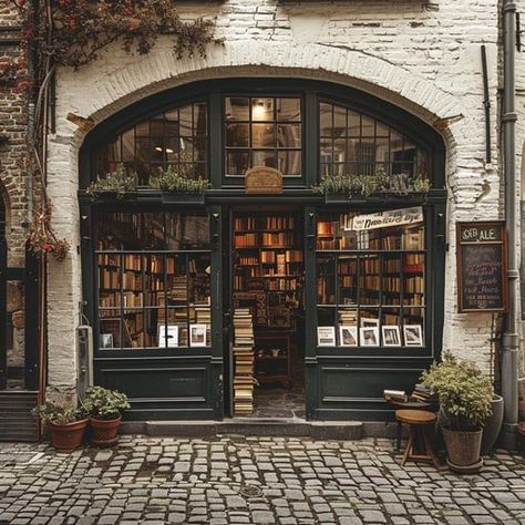 Experience the allure of literature at this cozy bookstore nestled within a historic brick building. Dark Academia Cafe Exterior, Antique Buildings Aesthetic, Bookstore Storefront Design, Old Book Shop, Cozy Store Interior, European Store Fronts, Bookshop Exterior, Old Book Store Aesthetic, Library Building Exterior