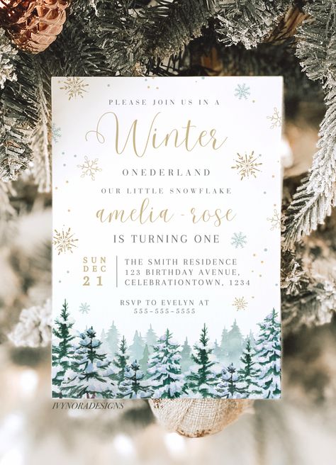 This editable Winter Onerderland 1st Birthday Invitation is perfect for you if you're looking for a beautiful, festive birthday invitation that you can edit and print at home. Christmas 1st Birthday, Christmas First Birthday, 1st Birthday Invite, Template Christmas, 1st Birthday Invitation, Winter Onederland, Birthday Invitation Template, 1st Birthday Invitations, First Birthday Invitations