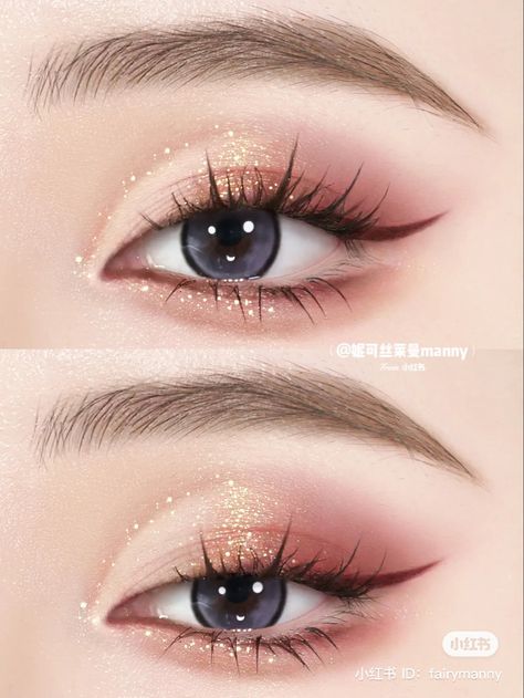 Korean Wedding Eye Makeup, Brown Makeup Ideas Eyeshadows, Prom Korean Makeup, Prom Makeup Douyin, Asian Wedding Eye Makeup, Shiny Nose Makeup, Cute Makeup For Prom, Christmas Makeup Asian, Subtle Douyin Makeup