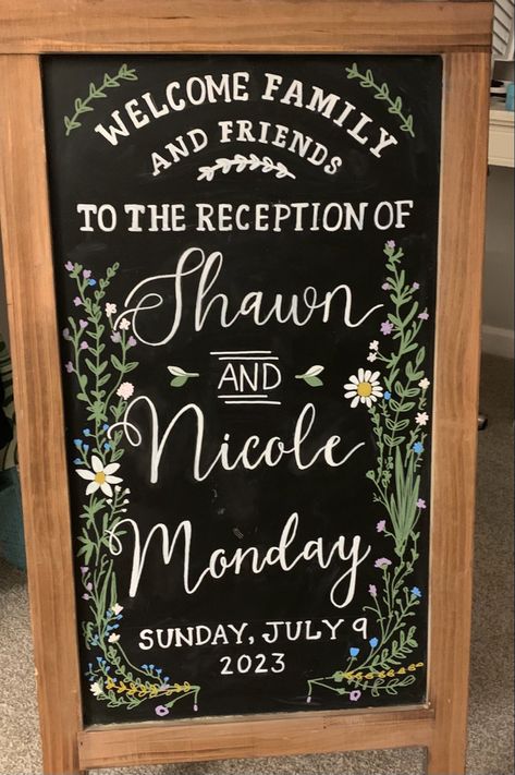 Wedding Party Chalkboard Sign, Chalk Welcome Sign Wedding, Chalk Signs Lettering, Wedding Chalkboard Signs Reception, Wedding Blackboard Sign, Wedding Chalk Board, Chalk Wedding Signs, Anniversary Chalkboard Art, Floral Chalkboard Art