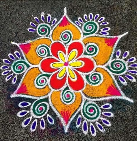 Kolam Designs Colourful, Easy Colourful Rangoli Designs, Simple Designs Rangoli, Easy Simple Rangoli For Beginners, Everyday Rangoli Designs, Gyaras Rangoli, Simple Colour Rangoli Designs, Easiest Rangoli Designs, Rangoli Designs Flower Simple