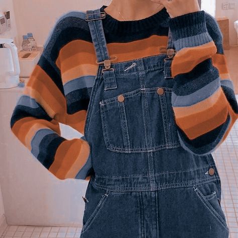 Blue Orange Outfit Aesthetic, Indie Orange Aesthetic, Clothing Aethstetics, Hannah Core Aesthetic Clothes, Happy Clothes Aesthetic, Blue Overalls Aesthetic, Orange And Blue Clothes, Orange Alt Outfits, Artcore Aestethic Outfits