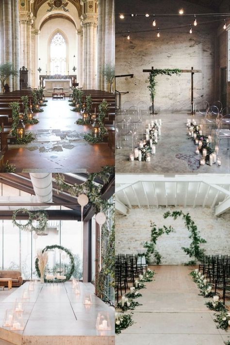 rustic country indoor wedding ceremony arches and aisles Rustic Wedding Arch Ideas Indoor, Wedding Arch Alternative Indoor, Wedding Arch Ideas Indoor, Indoor Wedding Aisle, Indoor Wedding Arch, Wedding Ceremony Arches, Ceremony Space Decor, Industrial Wedding Ceremony, Loft Wedding Ceremony