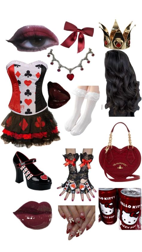 Queen Of Hearts Themed Outfits, Queen Of Hearts Costume Ideas Diy, The Queen Of Hearts Alice In Wonderland, Halloween Queen Of Hearts Costume, Hot Queen Of Hearts Costume, Lizzie Hearts Costume, Red Queen Costume Diy, Queen Of Hearts Costume Aesthetic, Alice In Wonderland Queen Of Hearts Costume