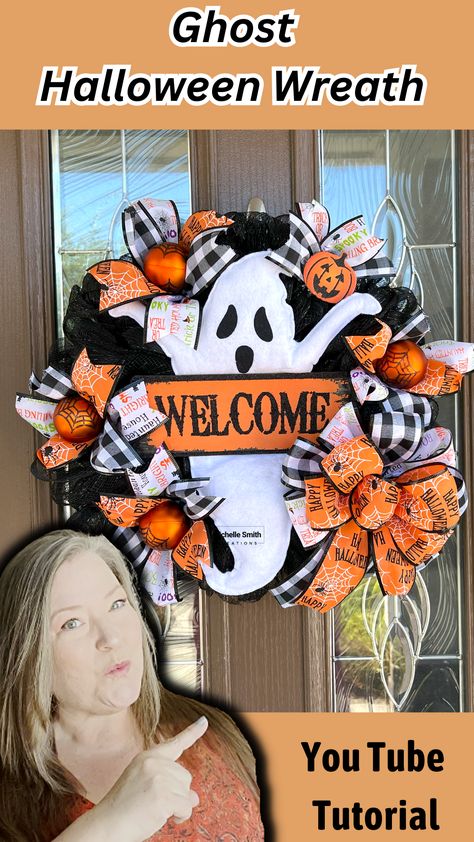 I have a Dollar Tree Halloween wreath. In today's crafting adventure I will be using one of the new Dollar Tree wreath decoration kits. You have four designs to choose from, Frankenstein, Witch,Skeleton, & Ghost. Today I will be using the Ghost attachment in the Halloween wreath. Ghost Wreath Deco Mesh, Double Door Halloween Wreath, Halloween Wreath Ghost, Diy Dollar Store Halloween Wreath, Holloween Wreaths Ideas, How To Make Dollar Tree Wreath, Ghost Wreath Ideas, Diy Halloween Wreaths For Front Door Dollar Tree, Dollar Tree Frankenstein Wreath