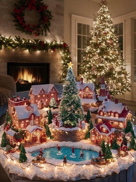 Village Christmas Trees, Christmas Village In Tree, Christmas In The City Village Display, Lemax Christmas Village Display Ideas, Christmas Village Under The Tree, Large Christmas Village Display Ideas, Fall Village Display, Diy Village Display Ideas, Holiday Village Display Ideas