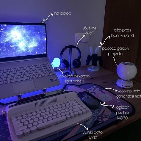 Led Gaming Setup, Student Desk Setup, Cozy Gaming Desk, Laptop Desk Setup, Cinnamoroll Room, Wfh Desk Setup, Gaming Laptop Setup, Gaming Setup Bedroom, Projector Galaxy