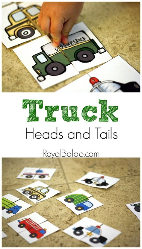 Trucks and transportation themed Heads and Tails cards free printable Transportation Preschool Activities, Transportation Theme Preschool, Preschool Transportation, Transportation Unit, Transportation Activities, Transportation Crafts, Transportation Preschool, Transportation Theme, Blue Truck