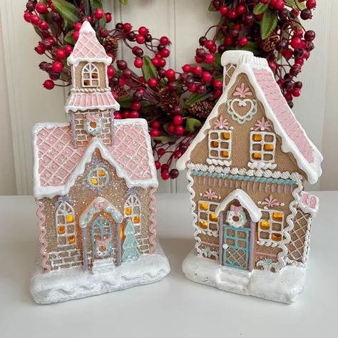 Wooden Gingerbread House - Etsy UK Pastel Gingerbread Christmas Decor, Gingerbread House Christmas Decorations, Gingerbread Scene, Pastel Gingerbread House, House Christmas Decorations, Pastel Gingerbread, Gingerbread House Craft, Ceramic Village, Gingerbread House Christmas