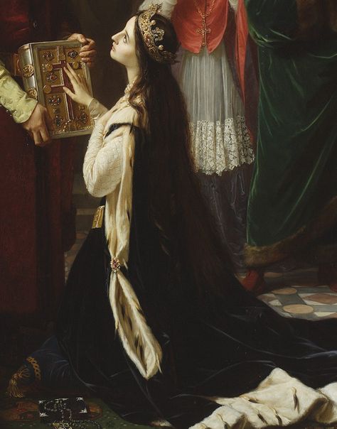 Queen Jadwiga’s Oath (detail), Jozef Simmler, 1867 Pre Raphaelite Paintings, Pre Raphaelite Art, Istoria Artei, Medieval Paintings, Medieval Woman, Rennaissance Art, Historical Art, Old Paintings, Romantic Art