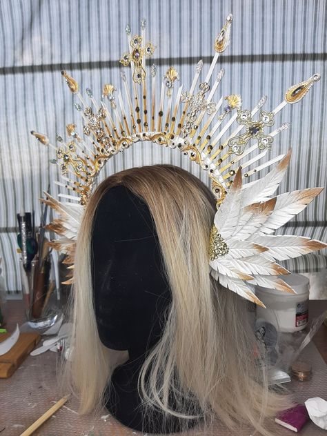 Angelic Headpiece, Wings On Head, Seraphim Costume, Angel Headpiece, Angel Crown, Christmas Headdress, Gold Halo Crown, Plague Doctor Costume, Angel Makeup