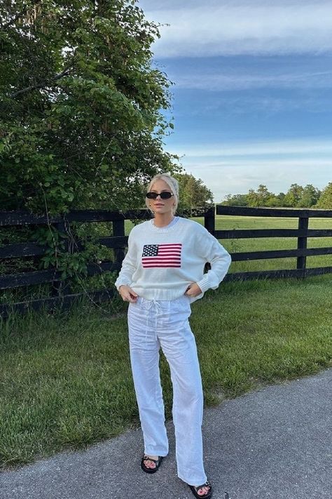 Who doesn't love an easy breezy summer outfit? I'm wearing this on repeat this summer! If you want a patriotic outfit, this is the perfect fourth of July look! I'm always putting together casual and stylish outfits. If you need spring outfit ideas, tap to shop this look and explore my LTK for more style inspiration! Fourth Of July Outfit Inspiration, Casual Fourth Of July Outfit, American Flag Outfit, Fourth Of July Outfits, Kathleen Post, Summer Wedding Attire, Fourth Of July Outfit, Pilates Clothes, American Flag Sweater