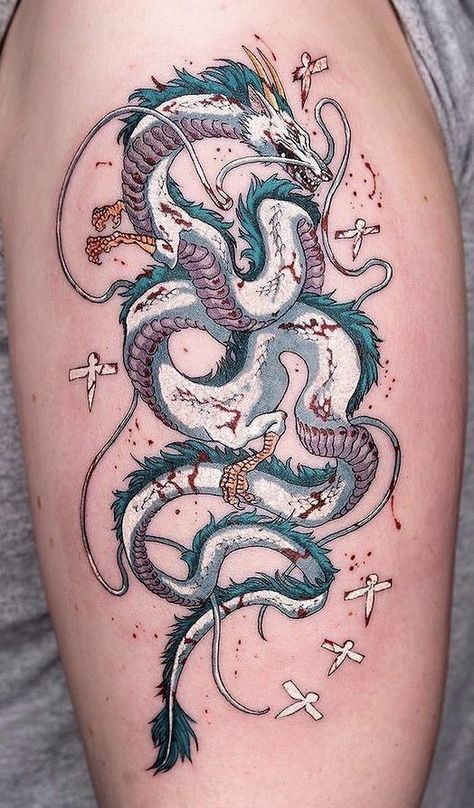 Haku Dragon Tattoo, Tatuaje Studio Ghibli, Haku Dragon, Dragon Tattoo Ideas, Studio Ghibli Tattoo, Red Dragon Tattoo, Dragons Tattoo, 16 Tattoo, Small Dragon Tattoos