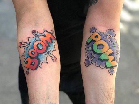 Boom Tattoo, Groot Tattoo, Tattoos Masculinas, Arm Tattoos For Guys Forearm, Tattoo Cool, Flash Ideas, Dyed Hair Men, Sticker Tattoo, Comic Tattoo