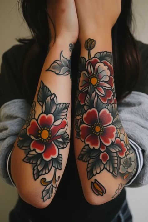 Homepage 1 Full Color Sleeve Tattoo, Unique Sleeves Design Tattoo, Polish Flowers Tattoo, Traditional Knee Frame Tattoo, Colorful Sleeves For Women Tattoo, Dani Queipo Tattoo, Chrysanthemum Tattoo Neotraditional, Patcheork Sleeve, American Traditional Tattoos Patchwork