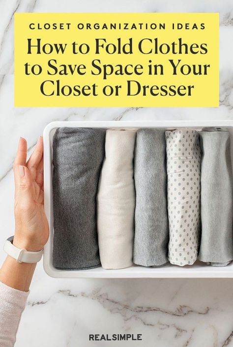 To maximize real estate in your closet or dresser, learn how to fold clothes to save space. Here, a pro organizer walks us through the clothes-folding techniques that max out storage space. Ways To Fold Jeans To Save Space, Best Way To Fold Clothes To Save Space, Closet Folding Clothes, Fold Sweatshirts To Save Space, How To Fold Comforters To Save Space, Creative Clothes Storage, Folding Cardigans To Save Space, Folding Jumpers To Save Space, Fold Tshirts Save Space