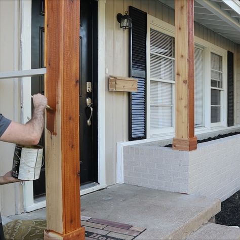 If you're looking to improve the curb appeal on your house, then you've come to the right video because this will show you how to wrap two cedar posts for less than $100.  This was by far the biggest improvement to the front of the house and it really makes this stand out from the rest of the houses in the neighborhood, just by adding cedar wood. Cedar Wood Posts Front Porch, Wood Posts Front Porch Farmhouse, Wrapping Porch Posts, Stain For Cedar Beams, Wood Post Wrap Ideas, Front Entrance Post Ideas, Wrapped Patio Posts, Cedar Porch Posts Columns, Porch Beam Wrap