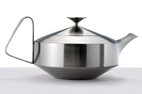 Robert Welch (1929-2000), British / Alveston (aka Aladdin) satin finish stainless steel teapot from teaset, open triangular handle, designed for Old Hall Tableware line manufactured by J. & J. Wiggin, 1961-1964, Bloxwich, UK Cookware Design, Robert Welch, Teapot Design, Fiber Lash Mascara, Steel Furniture, Steel Design, Metal Crafts, Coffee Set, British Design