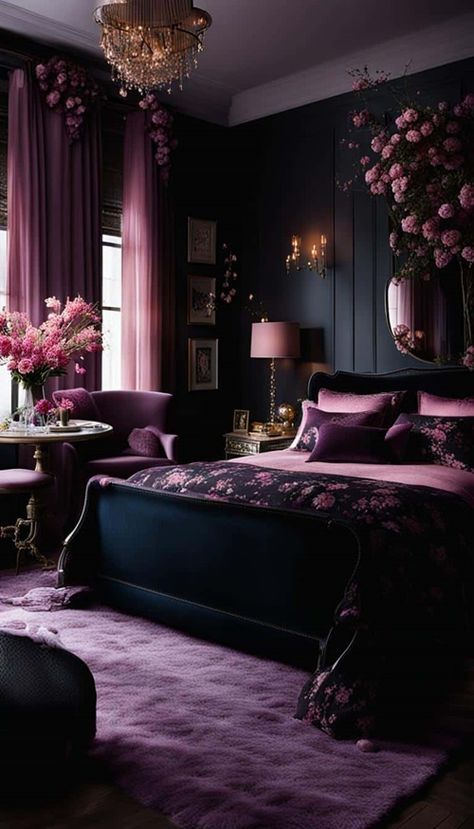 Teal And Plum Bedroom, Dark Purple And Black Bedroom, Purple Romantic Bedroom, Color Themed Rooms, Scorpio Room Aesthetic, Pink And Black Bedroom Aesthetic, Dark Purple Room Aesthetic, Dark Purple Bedroom Walls, Purple Black Bedroom