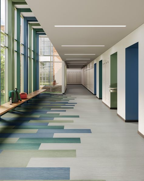 Energize your space. With colors ranging from saturated greens to modern reds and vibrant hues, Polychrome will create spaces to engage, inspire and grow. Daycare Design Ideas, Education Design Interior, School Floor, Healthcare Interior Design, Classroom Interior, Broadloom Carpet, Modular Carpet, Tiled Hallway, Corridor Design