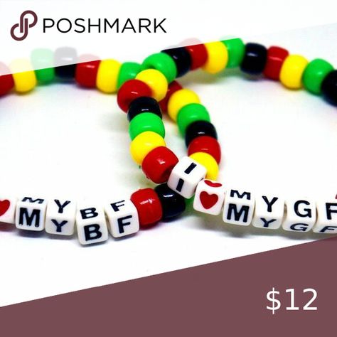 Rasta I Love my Boyriend girlfriend Word Beaded Kandi Bracelet Set I Love My Gf Bracelet, Matching Kandi Bracelets, Festival Kandi, Kawaii Kandi, Word Bracelets, I Love My Bf, Pony Bead Bracelets, Edm Rave, Word Bracelet