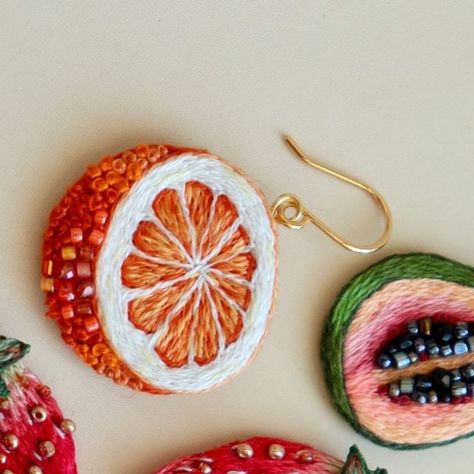 Embroidery with love 💕 | How I love these fruits treasures 🥳😜  ___________ #fruitart #handmadejewelrydesign #embroideryjewelry #jewelrylovers #embroiderywork... | Instagram Fruit Embroidery Design, Fruits Embroidery, Embroidered Fruit, Fruit Embroidery, Hand Embroidered Jewelry, Beaded Things, Embroidered Jewelry, Embroidery Gifts, Handmade Jewelry Designs