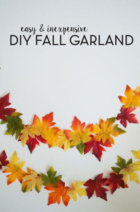 Easy & Inexpensive DIY Fall Garland. Made from dollar store leaves! Thanksgiving Decor | Fall Craft Idea Leaves Classroom Theme, Nature Candles, Leaf Bunting, Fall Garland Diy, Diy Projects For Fall, Diy Fall Garland, Childminding Ideas, Leaf Printing, Autumn Farmhouse