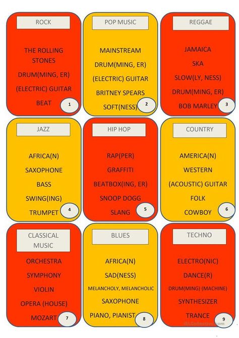 18 Taboo Cards on Music Genres (2 pages) | Taboo cards, Taboo game, Taboo Taboo Cards, Country Rap, Taboo Game, Jazz Hip Hop, Blues Music, Game Cards, Music Genres, Not Allowed, Snoop Dogg