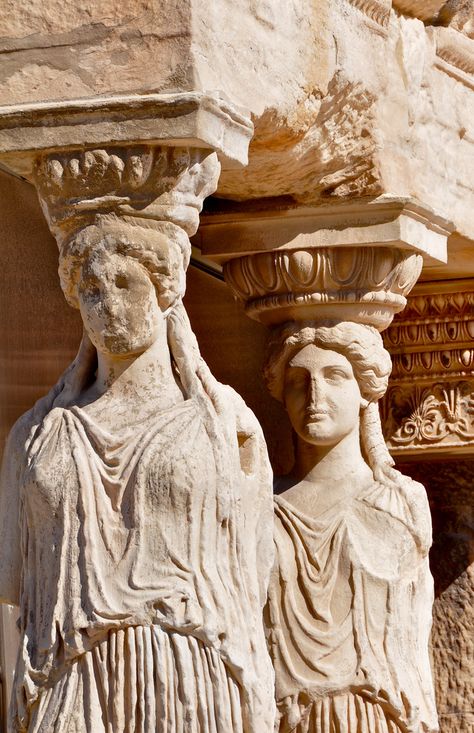 Erechtheion Temple, Acropolis, Athens, Greece | Caryatids from the Erechtheion, on the Acropolis. Caryatid are sculpted female figures serving as an architectural support taking the place of a column or a pillar supporting an entablature on her head. Athens Acropolis, Ancient Greek Art, Ancient Greek Architecture, Greek History, Greek Culture, Greek Art, Art Antique, Acropolis, Ancient Architecture