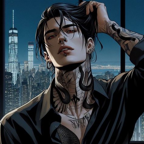 Long Hair Guy With Tattoos, Anime Men With Tattoos, Hot Man Drawing, Long Black Hair Anime Guy, Long Black Hair Men, Anime Oc Man, Anime Hot Guy, Hot Male Character Art, Hot Anime Guy Art